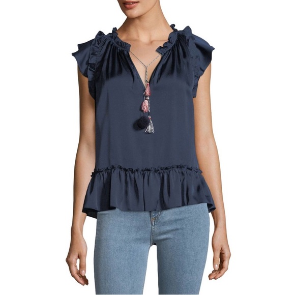 NWOT Misa Blue Fleur Pom Pom Sleeveless V-Neck Satin Blouse Size Extra Small - Picture 1 of 15